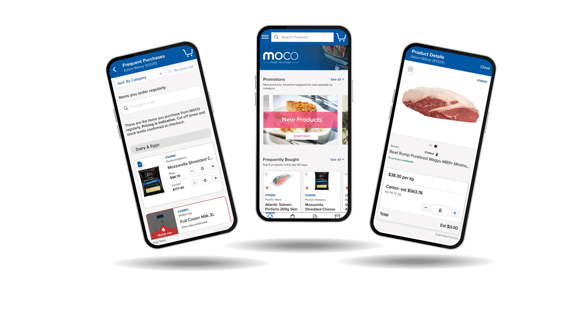 Mobile phones with the MOCO app screenshots displayed