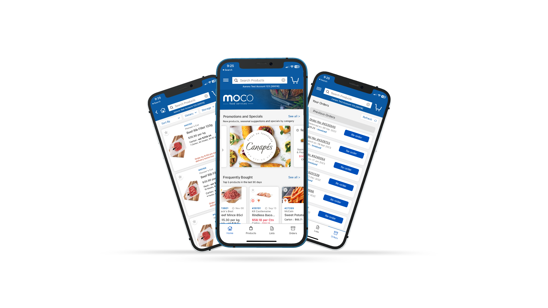 Mobile phones with the MOCO app screenshots displayed