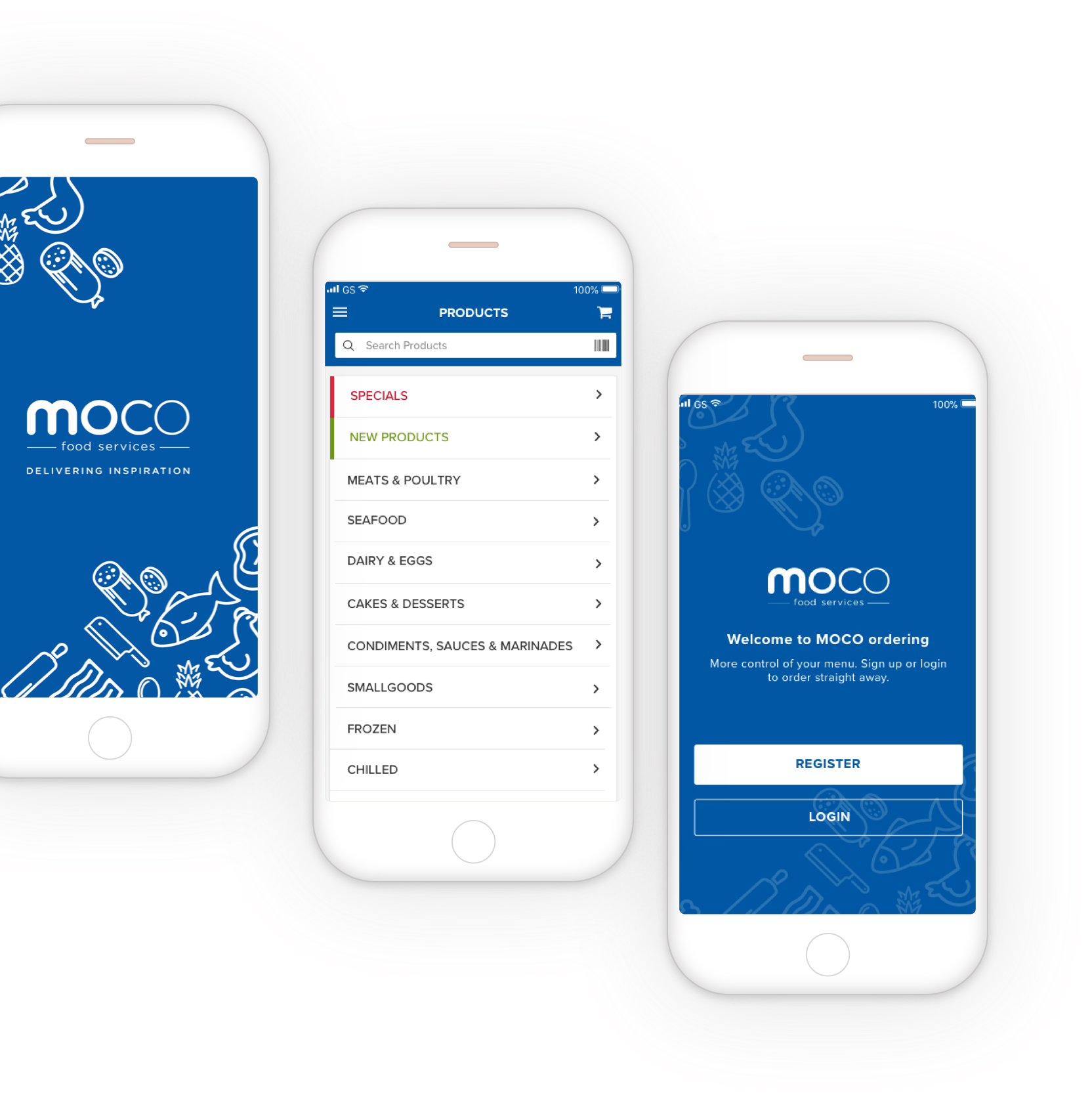 Mobile phones with the MOCO app screenshots displayed