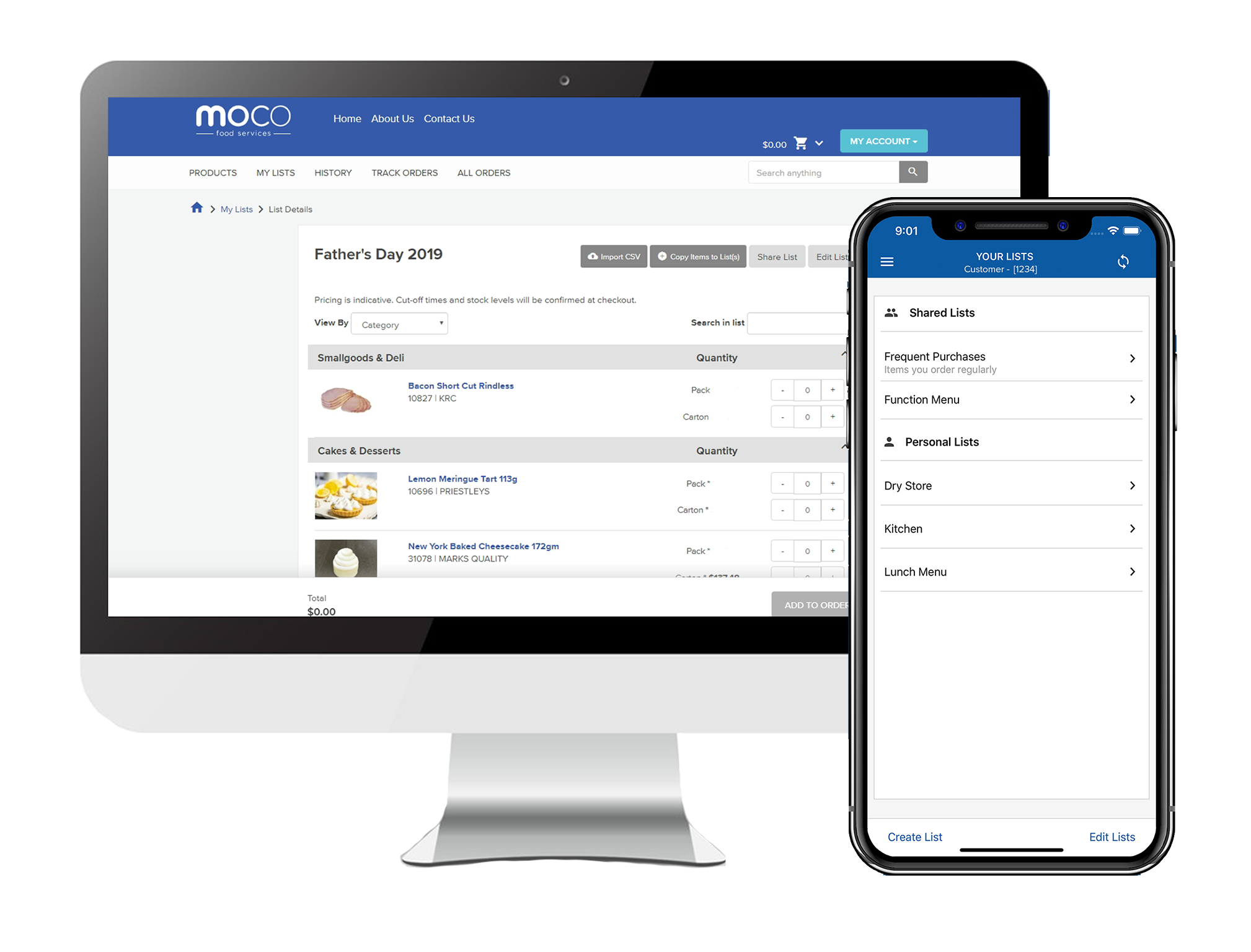 Mobile phones with the MOCO app screenshots displayed