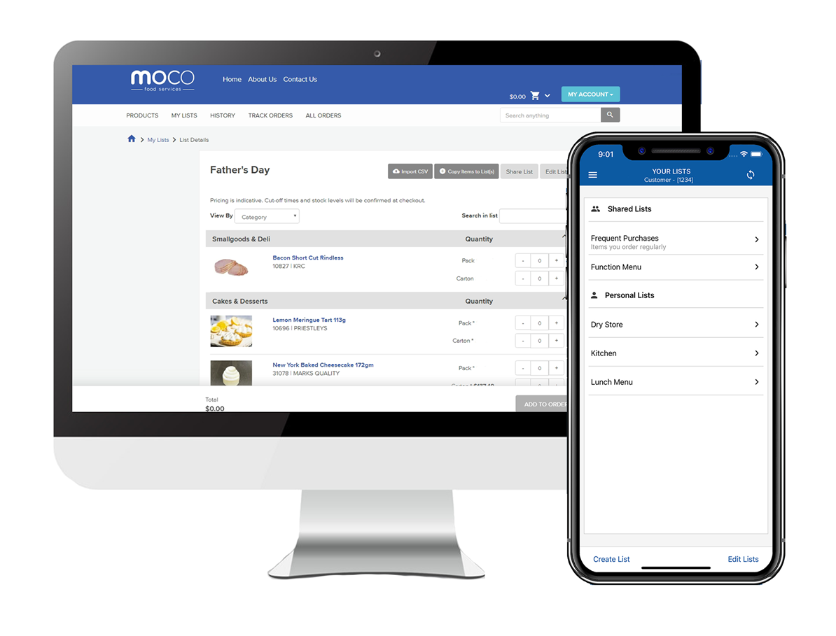 Mobile phones with the MOCO app screenshots displayed