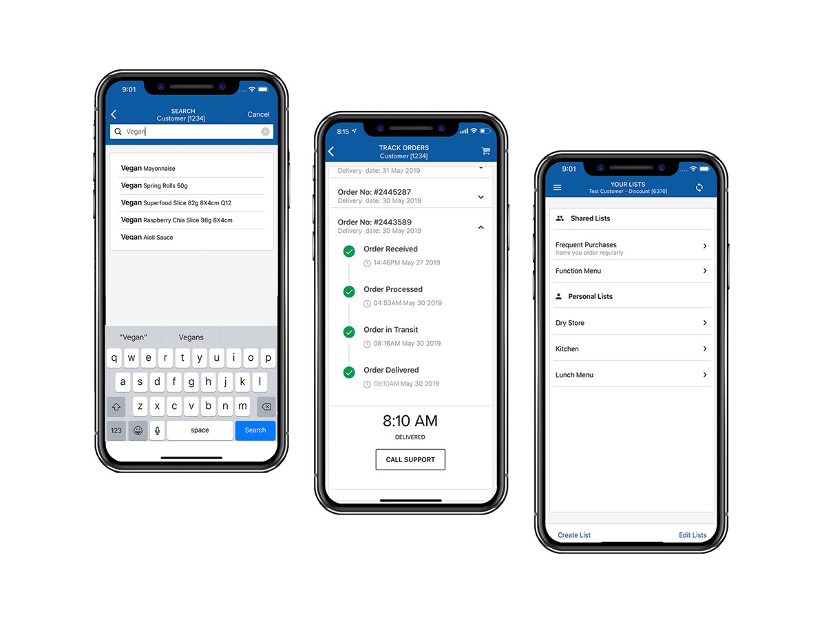 Mobile phones with the MOCO app screenshots displayed